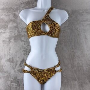 Indah Animal Print Bikini Set Womens Size Small Yellow Brown One Shoulder
